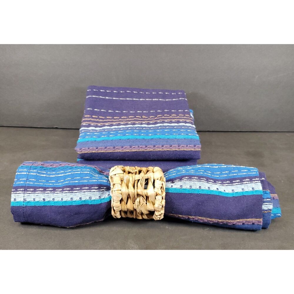 Set of 4 Blue Striped Dinner Cotton/Blend Square Table Linens